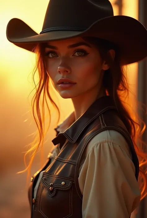 a beautiful woman, masterpiece, cowboy outfit, country outfit, leather vest, detailed facial features, beautiful eyes, long eyelashes, Lip Details, elegant pose, golden hour lighting, cinematic, vibrant colors, warm color palette, dramatic shadows, hyper r...