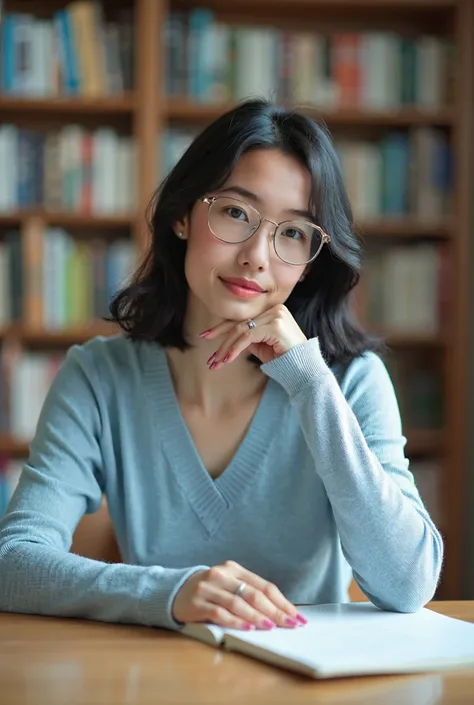 A Chinese lady in glasses, pink fingernails, hair length just past the shoulder, simple silver ring on left hand ring finger, pale blue shirt sleeve knitted top and slightly baring her waist, white skirt. In a library at a table, hands supporting her chin,...