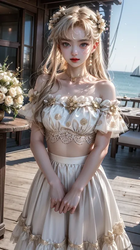 One beautiful girl、Cute、Round face、Big eyes、Droopy eyes、Fair-skinned beautiful girl。Her hair is a platinum gold bob.。The outfit is a white see-through lace top with a floral pattern.、The skirt is made of a lot of white see-through lace and has a small flor...