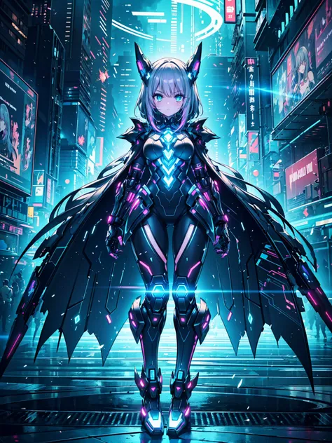 (((masterpiece, best quality, high detailed, 16k))) (1girl) A stunning and powerful cybernetic warrior with long, flowing purple hair accented with white streaks that glows faintly under light. Her piercing gray eyes shine with a calculating intensity, as ...