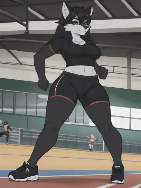 Furry, wolf, female, black shirt, black spandex bike shorts, shoes, indoor running track, solo, full body