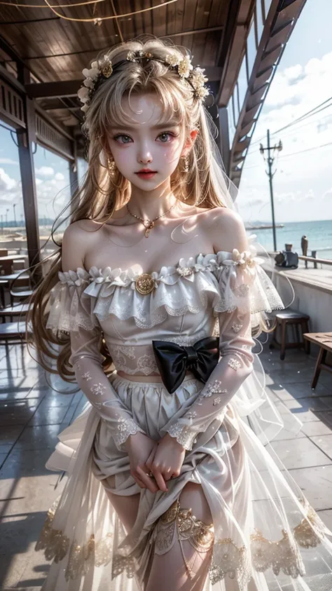 One beautiful girl、Cute、Round face、Big eyes、Droopy eyes、Fair-skinned beautiful girl。Her hair is a platinum gold bob.。The outfit is a white see-through lace top with a floral pattern.、The skirt is made of a lot of white see-through lace and has a small flor...