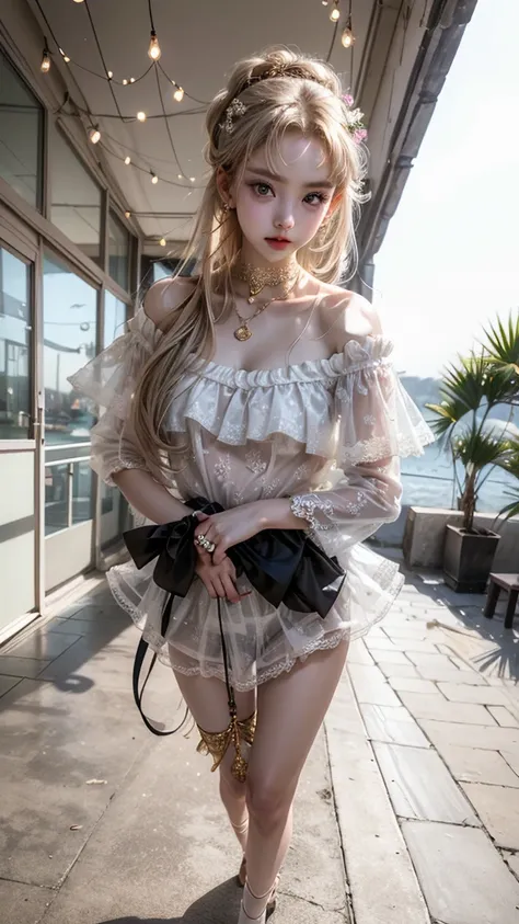 One beautiful girl、Cute、Round face、Big eyes、Droopy eyes、Fair-skinned beautiful girl。Her hair is a platinum gold bob.。The outfit is a white see-through lace top with a floral pattern.、The skirt is made of a lot of white see-through lace and has a small flor...