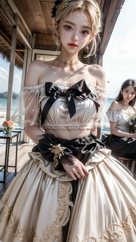 One beautiful girl、Cute、Round face、Big eyes、Droopy eyes、Fair-skinned beautiful girl。Her hair is a platinum gold bob.。The outfit is a white see-through lace top with a floral pattern.、The skirt is made of a lot of white see-through lace and has a small flor...