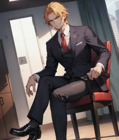 tall angry man in a suit, sit on a chair, pants bulge, low angle shot, wicked smile,, red eyes, focus on the bulge, highly detai...