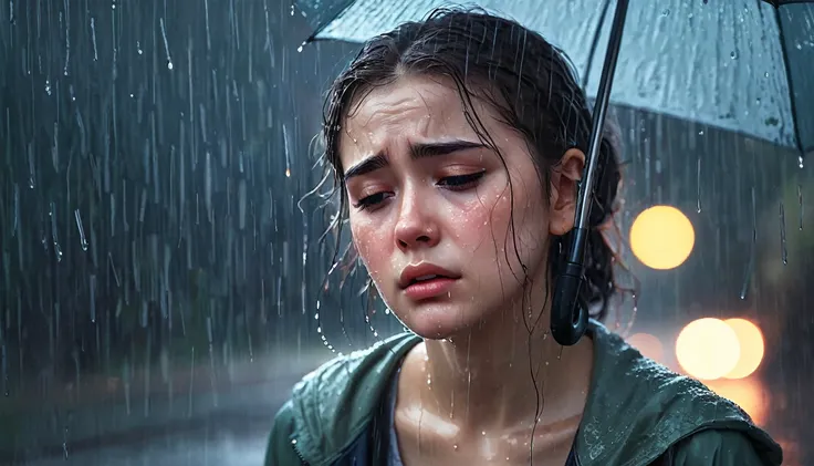 A girl weeping in a melancholic rain, the scene depicted in a dreamlike lo-fi style on ArtStation. Her tear-streaked face is beautifully captured, her sorrow palpable in the soft droplets falling around her. The hues of the rain create an atmosphere of bit...