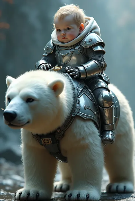 (artwork:1.2), (best quality:1.2), 8K, HDR, ultra detailed, ((photorealistic)), professional light, cinematic lighting, depth of field, A  BABY, mech4rmor, wearing mechanical paladin armor, MOUNTING ON TOP OF A BIG AND ANGRY POLAR BEAR IN CHROME ARMOR, Sup...