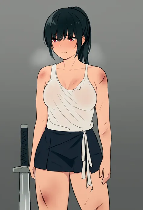 a cold girl with red eyes and black hair tied in a ponytail.no feelings and a murderous look in anime mode with a sword, with th...