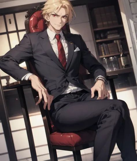 tall angry man in a suit, sit on a chair, pants bulge, low angle shot, wicked smile,, red eyes, focus on the bulge, highly detai...