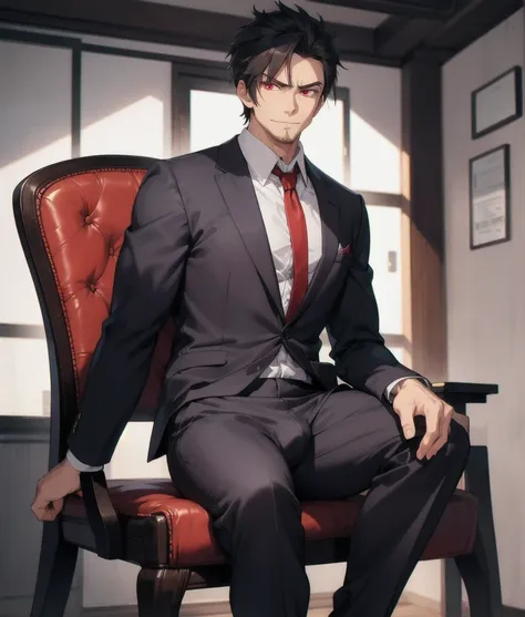 tall angry man in a suit, sit on a chair, pants bulge, low angle shot, wicked smile,, red eyes, focus on the bulge, highly detai...