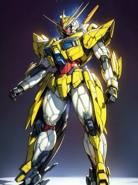 full body shot, highly detailed, costume colors inspired by gundam, 8k, real photograph, dramatic lighting, dynamic action pose, impressive energy effects, yellow and white color palette, simple costume design, advanced technique, heroic and powerful, gray...