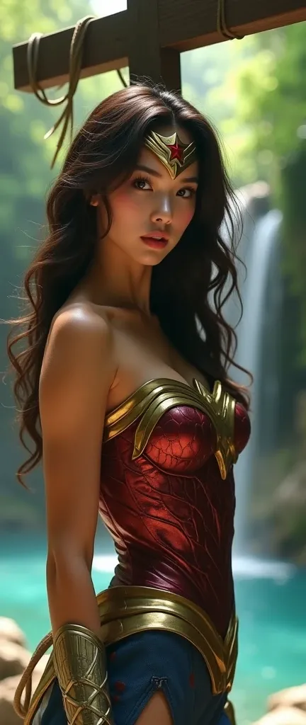 forest、Pool、waterfall、Wonder Woman。Brown Hair,  masterpiece、beautiful girl、fine 目、Swollen eyes、A Shining Place、最High image quality, 超High resolution, Cinema Lighting,so beautiful、Perfect Wonder Woman costume。Very cute face。(Japanese 20 years old)､Beautiful...