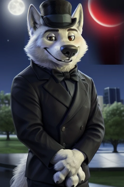 Gary (Zootopia), (white body:1.4), White fur, Zootopia, canine, wolf, deTailed fur, Male, antro, paw pads, finger claws, 5 fingers, paws, 4 toes, night, full moon, Tail, red , suit, Black bow tie, wedding,(suit), wearing a black bowler hat, Brown eyes, smi...