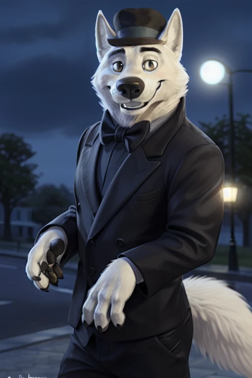 Gary (Zootopia), (white body:1.4), White fur, Zootopia, canine, wolf, deTailed fur, Male, antro, paw pads, finger claws, 5 fingers, paws, 4 toes, night, full moon, Tail, red , suit, Black bow tie, wedding,(suit), wearing a black bowler hat, Brown eyes, smi...