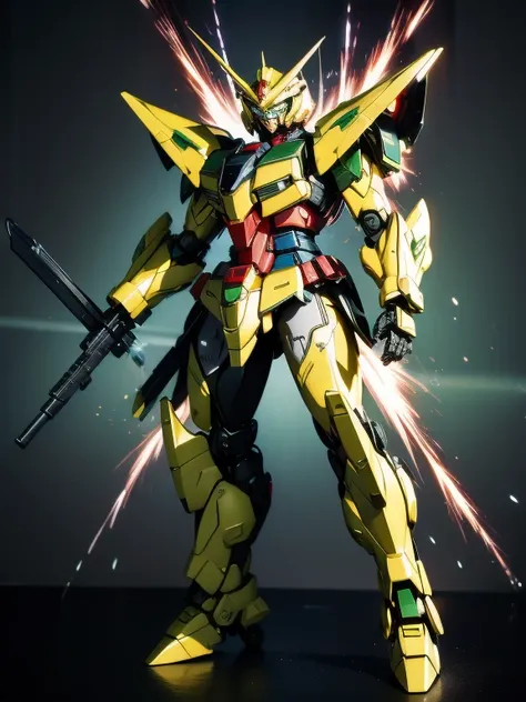 Full Body Shot, Very detailed, The costume colors were inspired by Gundam.、8k, Actual Photos, Impressive lighting, Dynamic action poses, Great energy effect,Green and gold color palette, Simple costume design, Advanced Technology, Heroic and powerful, The ...