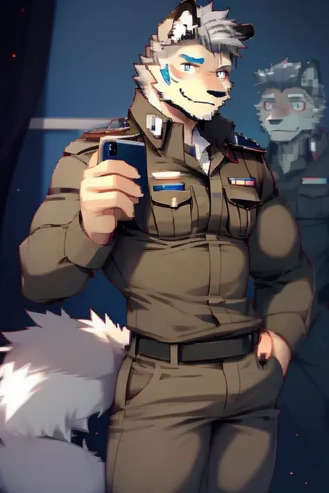 a top body picture and right side picture of a super muscular furry style gray wolf. he is wearing a brown police outfit uniform...