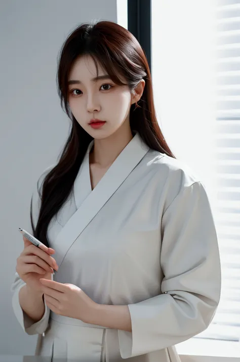 korean woman with blank paper in hand 