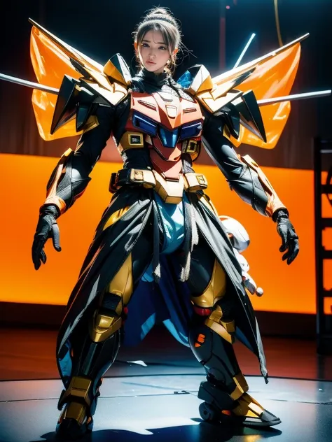 Full Body Shot, Very detailed, The costume colors were inspired by Gundam.、8k, Actual Photos, Impressive lighting, Dynamic action poses, Great energy effect,Yellow and orange color palette, Simple costume design, Advanced Technology, Heroic and powerful, T...