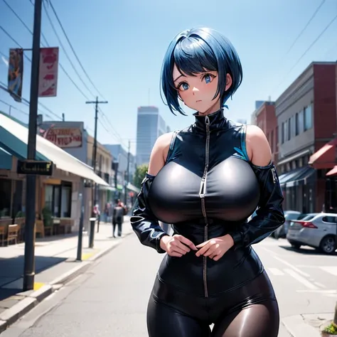 Blue Hair　Large Breasts　Black shiny clothes　Black tights　leggings　Her breasts are sticking out from the zipper　