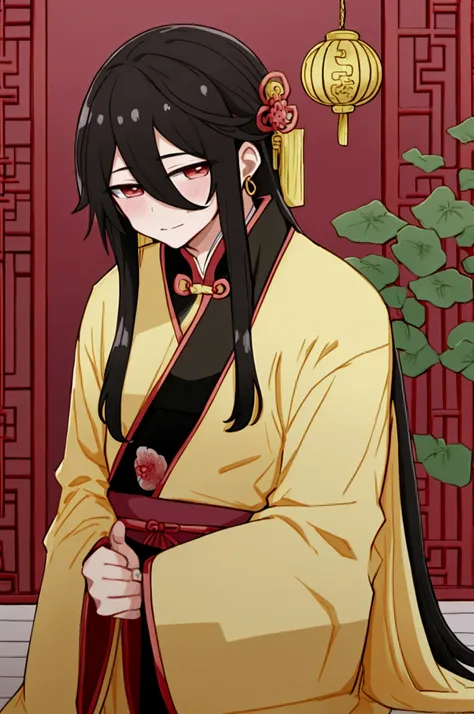 Male character, dressed in yellow robe, tender emperor, Long black hair, looking at the viewer, ancient Chinese style, Chinese palace in the background, ancient China, tender and blushing young man, masterpiece, HD, 