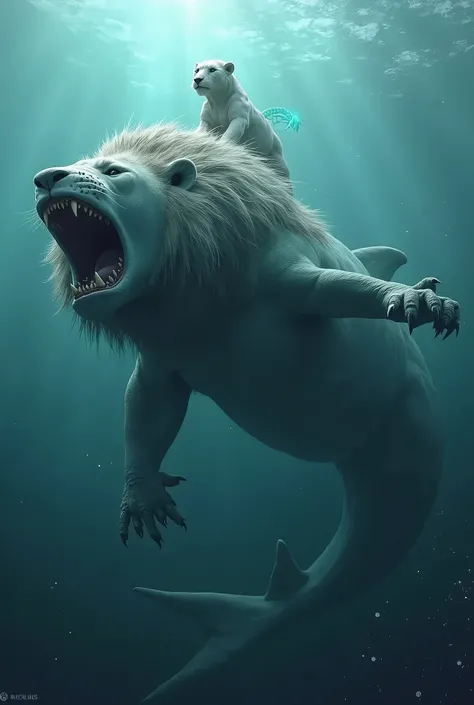 Create a hybrid creature by combining a lion and a shark, the biggest features are of the shark 
