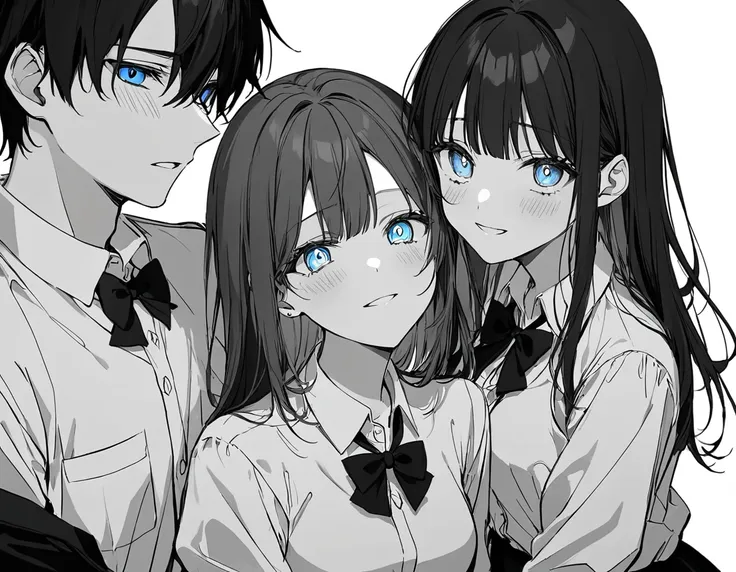 white background, grayscale ,(line art:1.2), bowtie, black hairバンド, black skirt, woman, collared shirt  ,(blue eyes:1.2),  sketc...