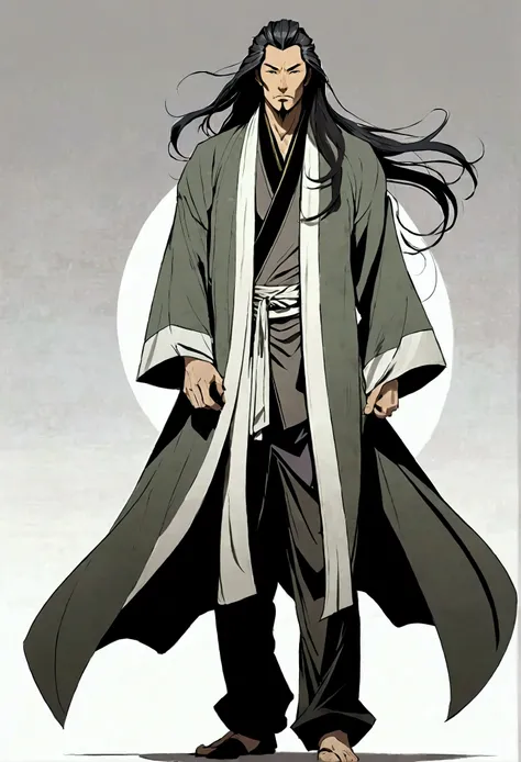 A man with long and flowing hair, dressed in a loose three-piece luxurious coat, Revealing a calm and carefree expression, The style is reminiscent of Chinese martial arts and Japanese anime character design, showcasing a mature artistic style, ( ( charact...