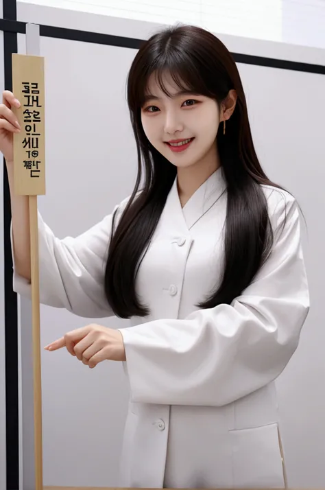 smiling korean woman with blank placard holding forward