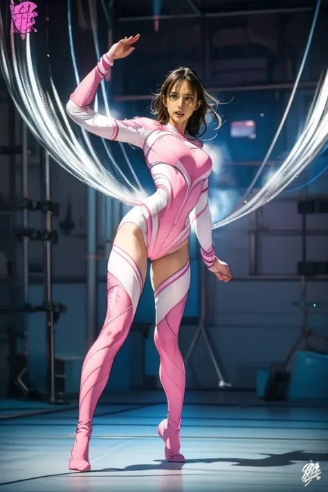 Full Body Shot, Very detailed, The costumes were inspired by rhythmic gymnastics、8k, Actual Photos, Impressive lighting, Dynamic action poses, Great energy effect,Pink and light blue color palette, Simple costume design, Advanced Technology, Heroic and pow...