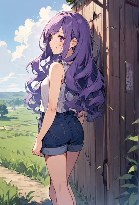 upright, A girl,Solitary, Hello, Purple hair, Very long hair, Wavy hair, Side bangs, Broken hair, Smile, short pants, Sleeveless standing, slightly tilt your head, rural background