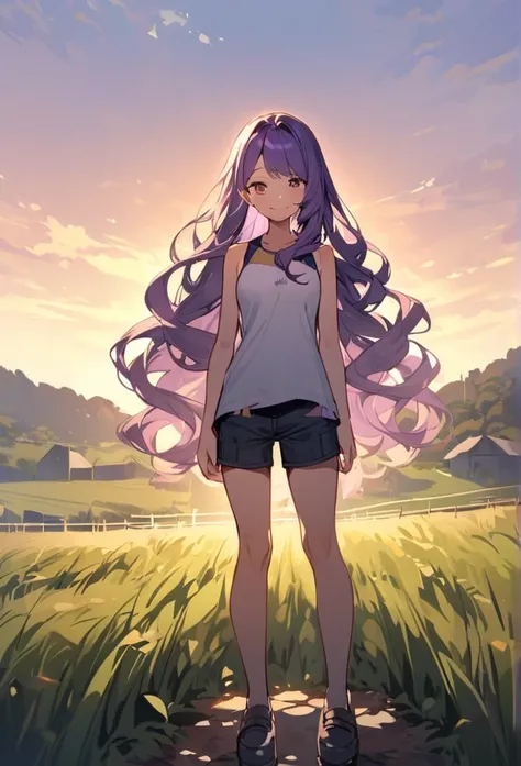 upright, A girl,Solitary, Hello, Purple hair, Very long hair, Wavy hair, Side bangs, Broken hair, Smile, short pants, Sleeveless standing, slightly tilt your head, rural background