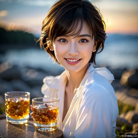 (Realistic, 超Realistic:1.4), 16K HDR, High resolution,((Whiskey Glass)),((Whiskey Bottle)),((Whiskey Glass)),Happy smile、short hair,The best smile、Japanese actress,so beautiful(It looks like the real thing),Evening Dresses,Cocktail Dresses、Whiskey Bottle、T...