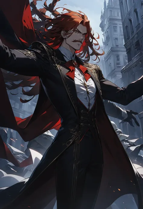 • Hair: Brown dreadlocks with red clips, a reference to modern culture, contrasting with his thin, well-groomed mustache.

• Outfit: A long black coat with red and gold details, reminiscent of Alucards aristocratic style. He also wears a white shirt with l...