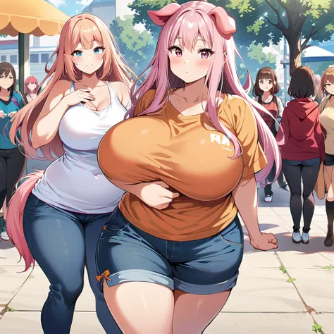 Anime, high detailed, pig girls, plump, pigs nose, pigs ears, pigs tail, Large breasts, curvy body, pink skin, casual clothes, girls surronding, multiple Girls