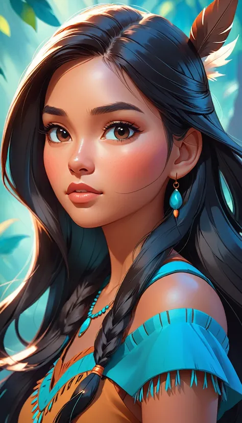 a close up of a woman with long hair, a character portrait, by Ross Tran, digital art, portrait of a young pocahontas, cute 3d render, alex yanes, in cartoon style