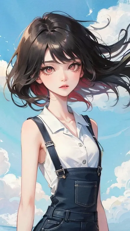 young woman　black hair　short hair　red eyes　irreverent face　look down　Slim body　Thin thighs　small breasts　little ass　toned body　blue sky　cloud　hair blowing in the wind　high quality　high resolution　8K　watercolor　Natural feeling　bridge of the nose　((最high qua...