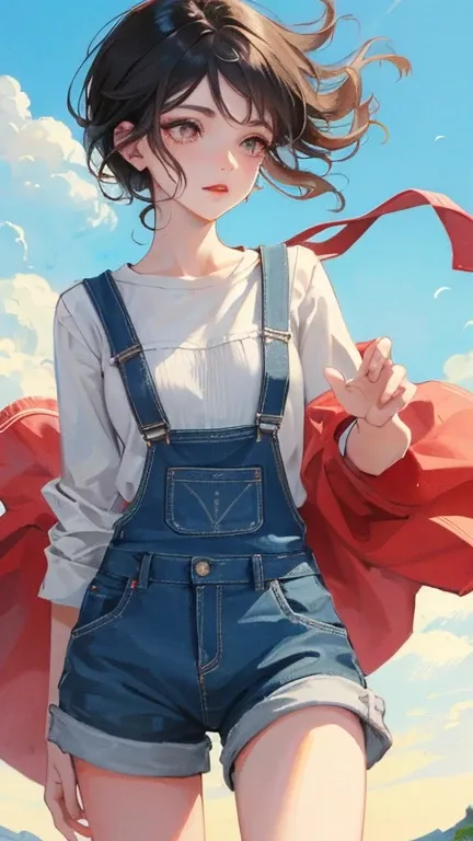 young woman　black hair　short hair　red eyes　irreverent face　look down　Slim body　Thin thighs　small breasts　little ass　toned body　blue sky　cloud　hair blowing in the wind　high quality　high resolution　8K　watercolor　Natural feeling　bridge of the nose　((最high qua...