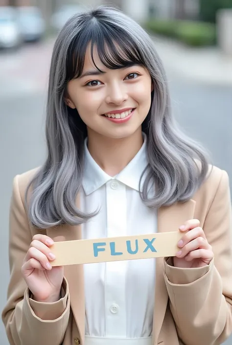 portrait photo. SBYgirl has silver streaked black hair, large brown eyes, false eyelashes, lips, makeup. She smiles on the street and holds a sign that reads "FLUX". Autumn coordinate, white flared dress and beige jacket.