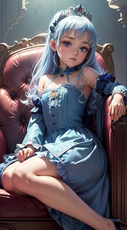 (Highest image quality, master piece:1.2), (Ultra Definition Illustration), nsfw, (very cute little princess:1.3), (1 girl:1.2), Alone, (shoot from very low) ,(condescending look) nsfw, beautiful blue dress queenslevelless, long skirt, sitting on the thron...