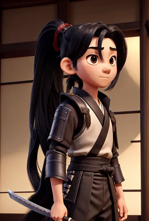 Japanese boy with samurai armor, very long black hair, black eyes, with a katana sword, ponytail 