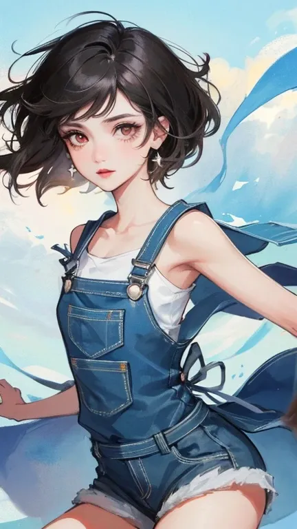 young woman　black hair　short hair　red eyes　irreverent face　look down　Slim body　Thin thighs　small breasts　little ass　toned body　blue sky　cloud　hair blowing in the wind　high quality　high resolution　8K　watercolor　Natural feeling　bridge of the nose　((最high qua...