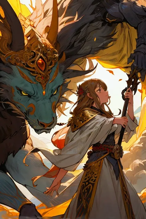 One beautiful girl and a beast, partner, guardian deity, full color, illustrated fantasy, best picture quality