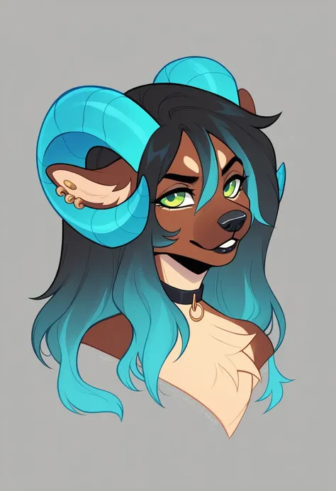 
Create a vibrant, stylized image of a dog, focusing on strong and striking colors. The image must be attractive and attract attention, perfect for DTF transfers.

**Specific Details:**

1. **Animal:**
   - ((((blue curled horns)))), eyes outlined, Anthro ...