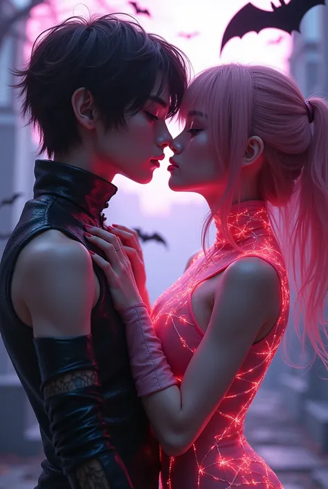 A magical young, beautiful & attractive boy & girl, with asian face, both wearing high technology cyberpunk vampire designs, with mesmerizing gazing eyes, full body details, with Halloween background, with cemetery atmosphere, very Large breasts, vampire h...