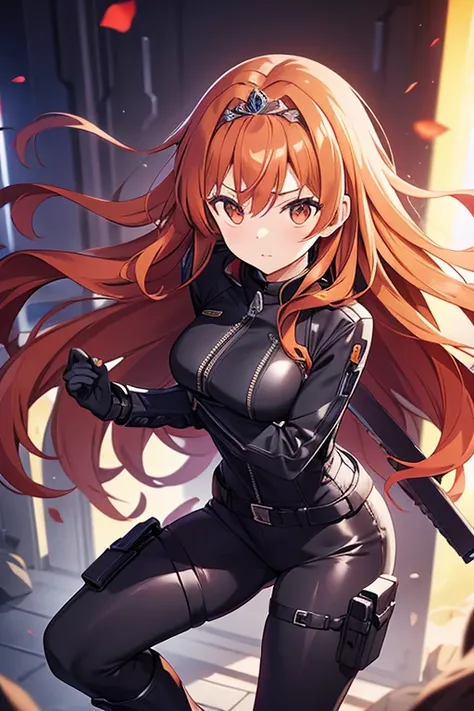 A beautiful woman with wavy orange hair who is dressed in a tight black suit that has a zipper in the front, that has a steel belt with compartments, a pair of black boots and is armed with 2 pistols and has a beauty queen tiara on her head