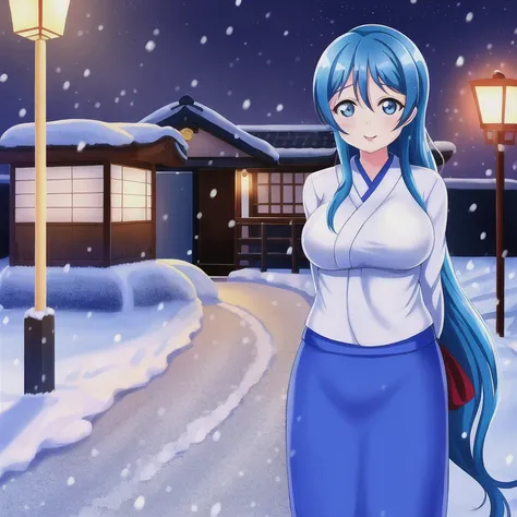 Love live, 1girl, large breasts, smile, blue eyes, blue hair, long hair, pony tail, smile, shy, red lips, snow, outdoor, outdoor house, night, traffic lamp, japanese,