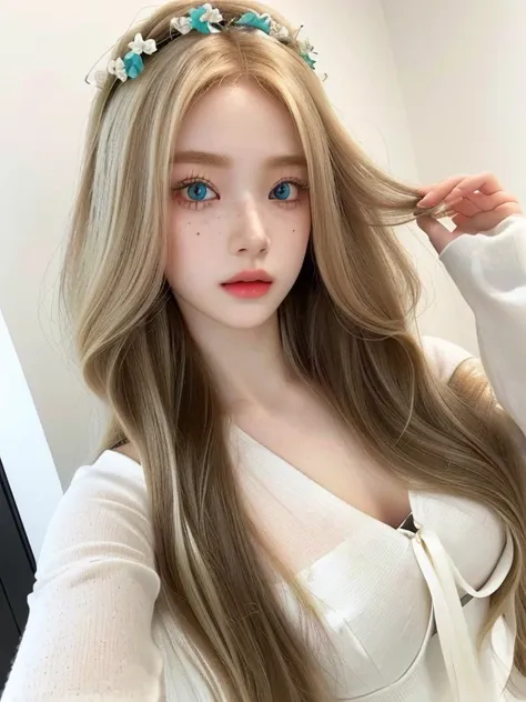 a close up of a woman with long hair and a flower in her hair and green blue eyes, with white long hair, ulzzang, with long blond hair, sakimichan, ilya kuvshinov with long hair, brunette with dyed blonde hair, with long hair, long blonde hair and big eyes...