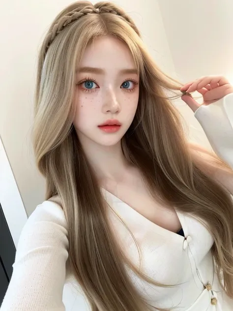 a close up of a woman with long hair and a flower in her hair and green blue eyes, with white long hair, ulzzang, with long blon...