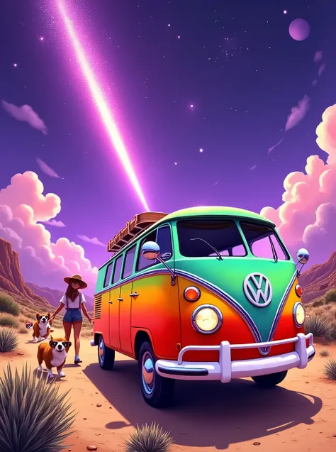 A purple background with a glittering shooting star falling on an old Volkswagen type 2 in rasta colors、A fun hike in California with a cool western-style woman and her cute corgi dog wearing sunglasses
, masterpiece,, Best Quality, Winner of numerous awar...