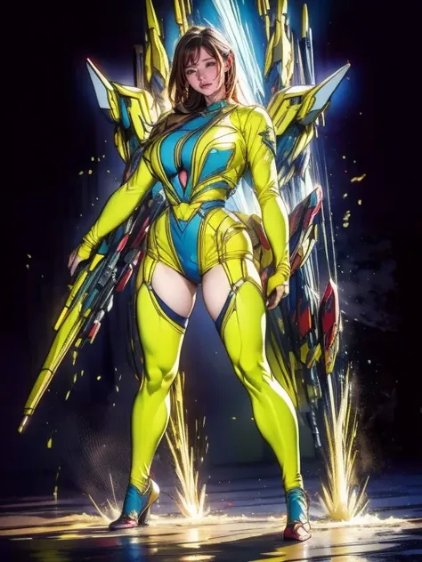 Full Body Shot, Very detailed, The costume colors were inspired by Gundam.、8k, Actual Photos, impressive lighting, Dynamic action poses, Great energy effect, Yellow color palette, Simple costume design, Advanced Technology, Heroic and powerful, With a larg...